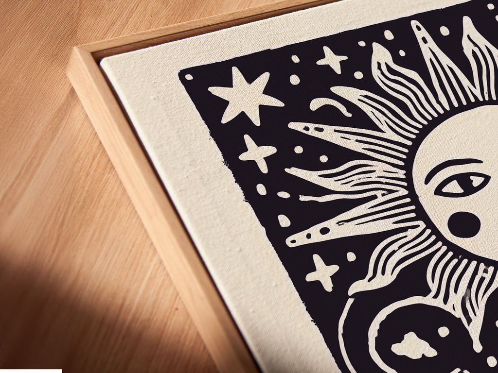 Angled close up reveals a canvas print. The art is in a floating frame. The floating frame adds dimension. The canvas print is high quality. The artwork is modern and stylish. The framed art is ready to hang.