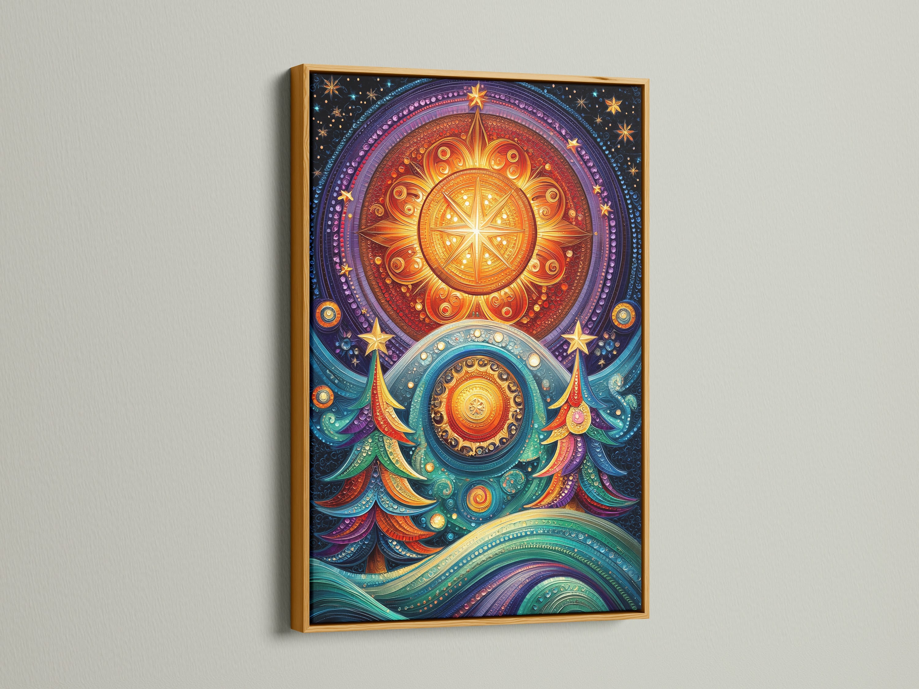 Boho Mandala Wall Art featuring celestial tree in a gold frame. This colorful starry night art enhances any room. It's perfect for meditation spaces. The artwork brings a spiritual touch to bohemian decor. Add this vibrant cosmic canvas to your home.