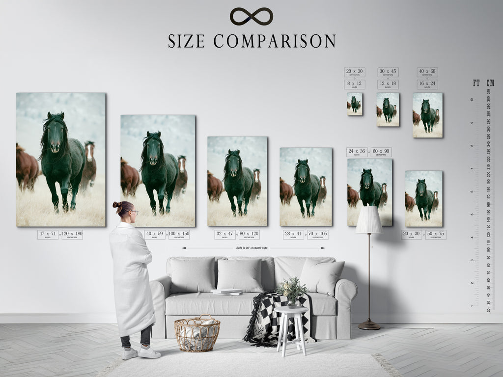 Size comparison chart in an interior setting featuring wild horse artwork. This chart helps visualize the ideal size for your space. Perfect for living rooms bedrooms or offices seeking a country or farmhouse style. This artwork is great for ranchers or anyone that appreciates wildlife art. Find the perfect fit for your Western animal wall decor.