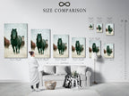 Size comparison chart in an interior setting featuring wild horse artwork. This chart helps visualize the ideal size for your space. Perfect for living rooms bedrooms or offices seeking a country or farmhouse style. This artwork is great for ranchers or anyone that appreciates wildlife art. Find the perfect fit for your Western animal wall decor.