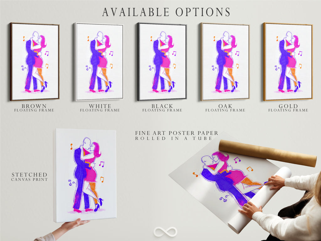 Explore available options for dancing couple art. Choose from stretched canvas prints. Fine art poster paper is also available. Consider a floating frame for a modern look. Abstract figures enhance these art pieces. Perfect gifts for dancers.