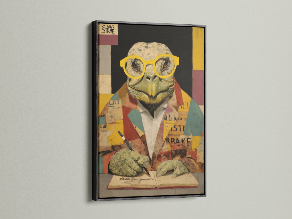 Turtle Scholar Art Print in a black frame. This academic wall art features a quirky animal. Perfect as a canvas print for study room decor. The black frame adds a sleek contrast. This scholar artwork enhances any space. It suits art deco rustic or industrial styles.