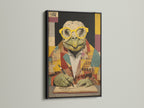 Turtle Scholar Art Print in a black frame. This academic wall art features a quirky animal. Perfect as a canvas print for study room decor. The black frame adds a sleek contrast. This scholar artwork enhances any space. It suits art deco rustic or industrial styles.
