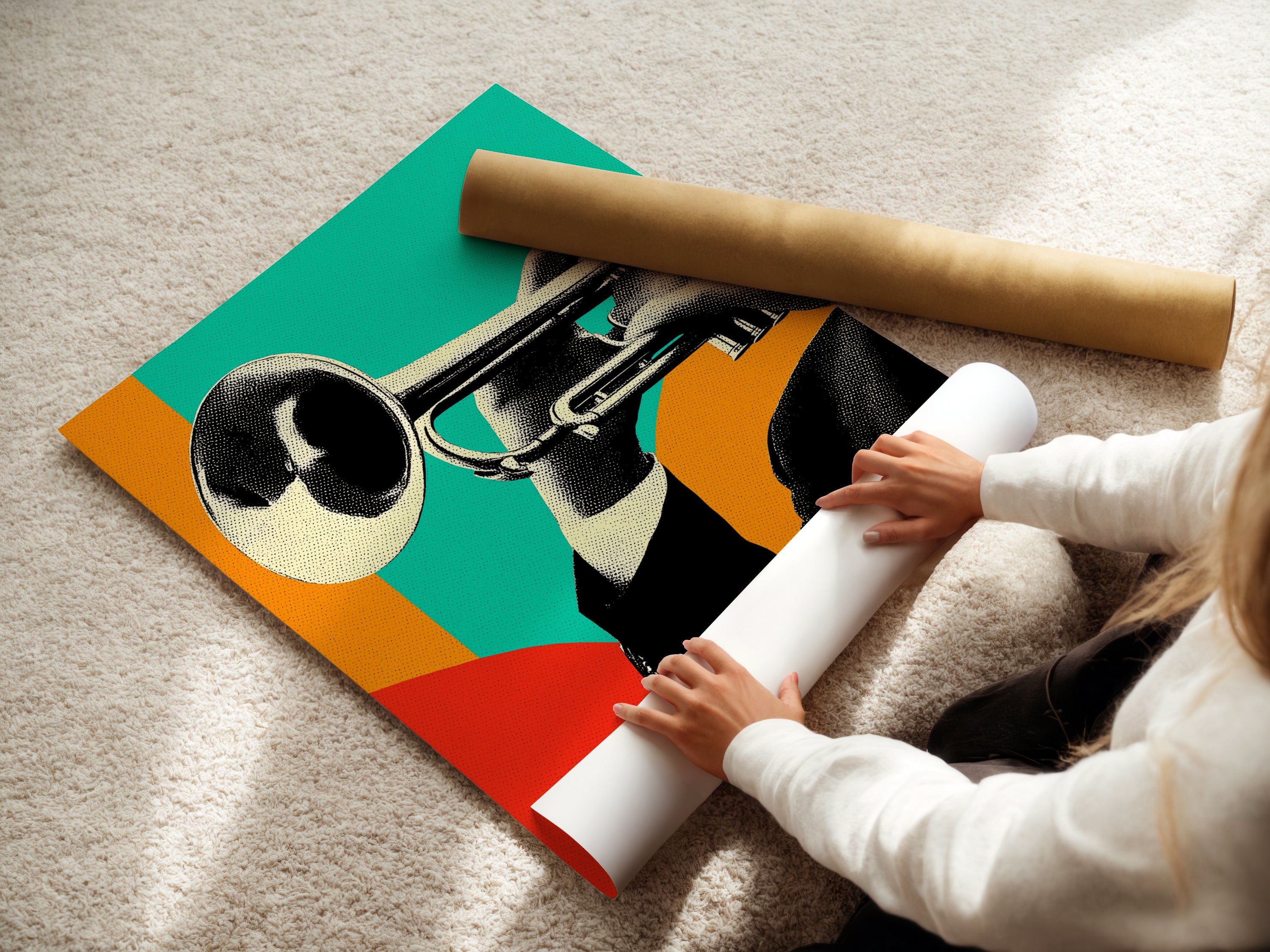 A woman carefully rolls a fine art poster paper featuring jazz trumpet artwork. This shows attention to detail in handling the print. Perfect for those who appreciate quality and care. Ideal for music-themed rooms or as a gift. Discover the beauty of fine art posters today. Shop now.