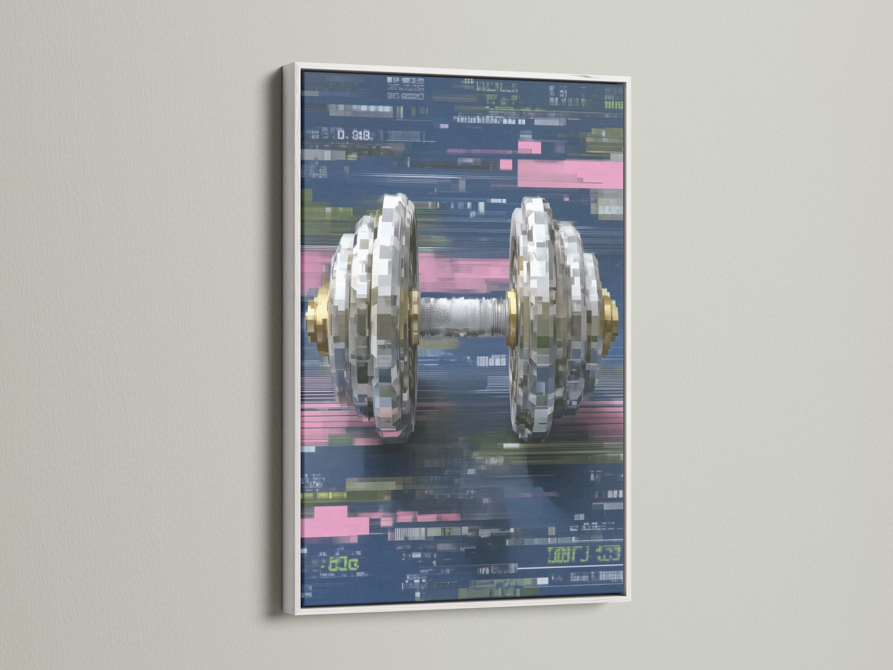 Digital Glitch Dumbbell Art in a white frame. This modern gym art uses pixel distortion. The white frame enhances the cyber art print. Ideal for workout room art and fitness studio decor.