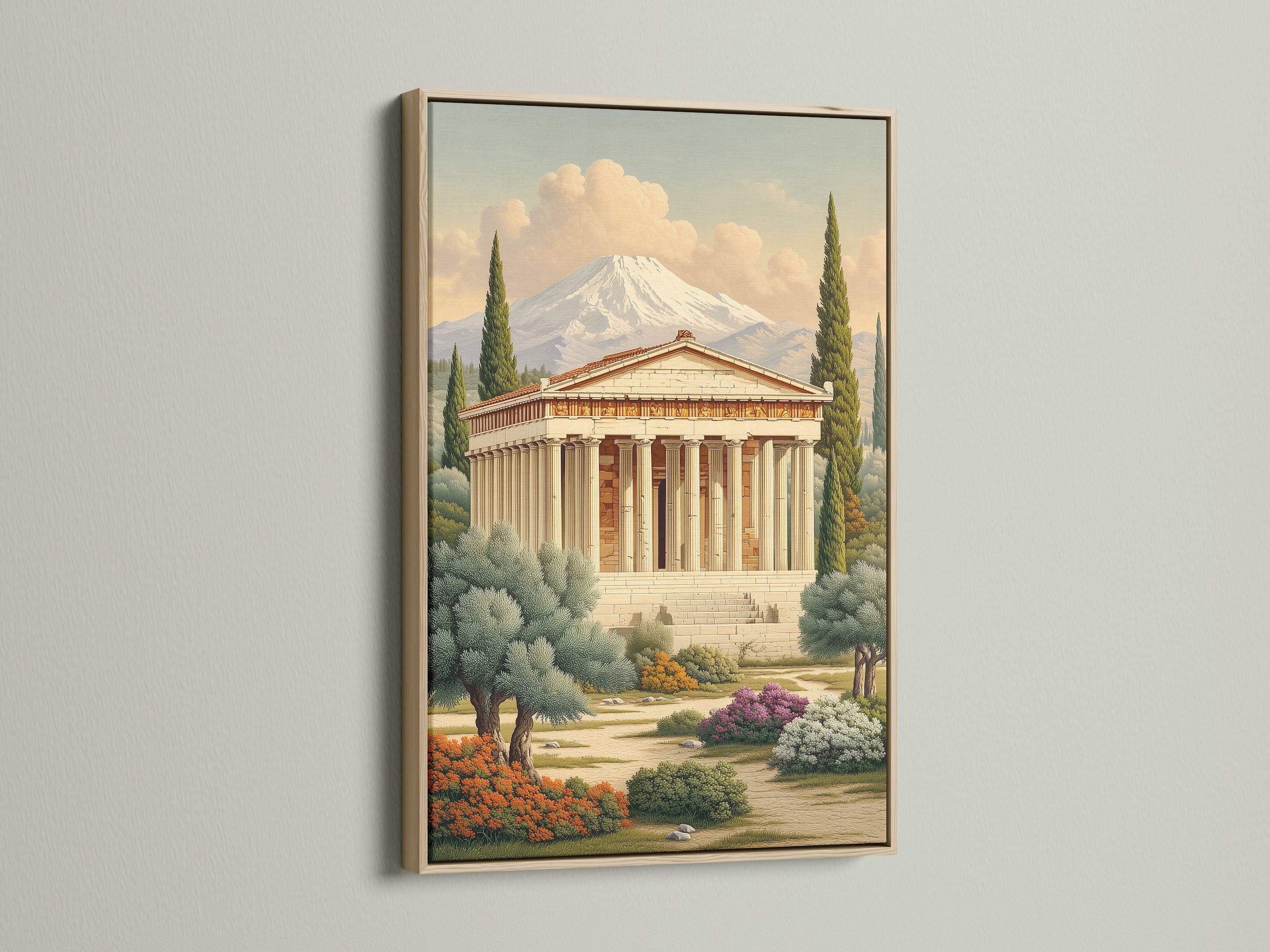 Greek Temple artwork with an oak frame. The natural wood complements the classical architecture. Perfect for minimalist Scandinavian or eclectic styles. Enhance your living room bedroom or office with this historical wall art.
