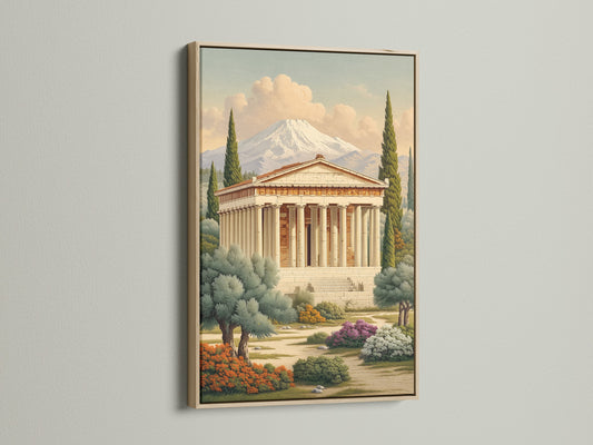 Greek Temple artwork with an oak frame. The natural wood complements the classical architecture. Perfect for minimalist Scandinavian or eclectic styles. Enhance your living room bedroom or office with this historical wall art.