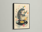 A black frame accentuates a playful artwork. A hedgehog is illustrated DJing on a record player. The black frame adds a touch of sophistication. See our black frames for your artwork. Make a statement with framed art.
