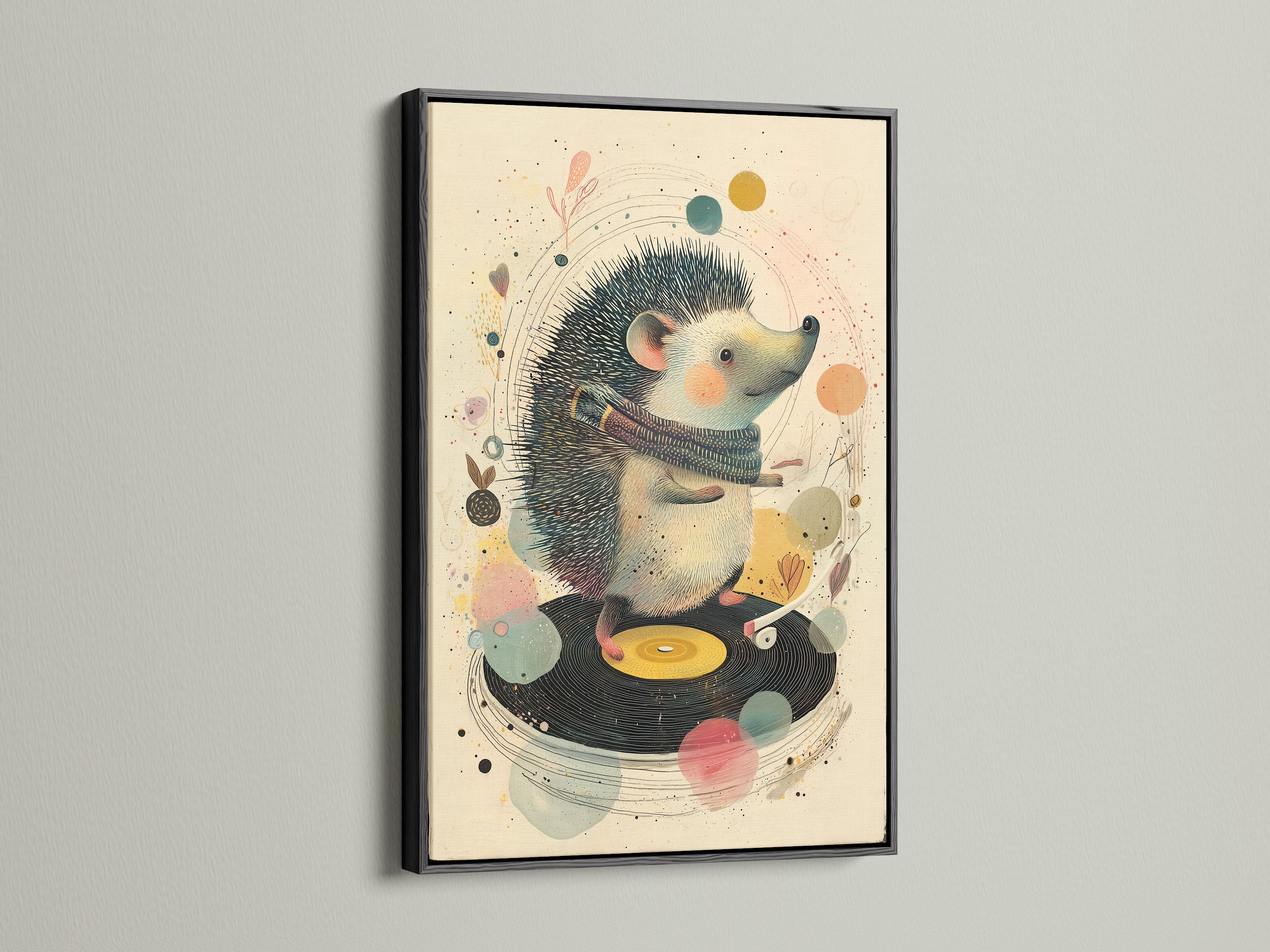 A black frame accentuates a playful artwork. A hedgehog is illustrated DJing on a record player. The black frame adds a touch of sophistication. See our black frames for your artwork. Make a statement with framed art.