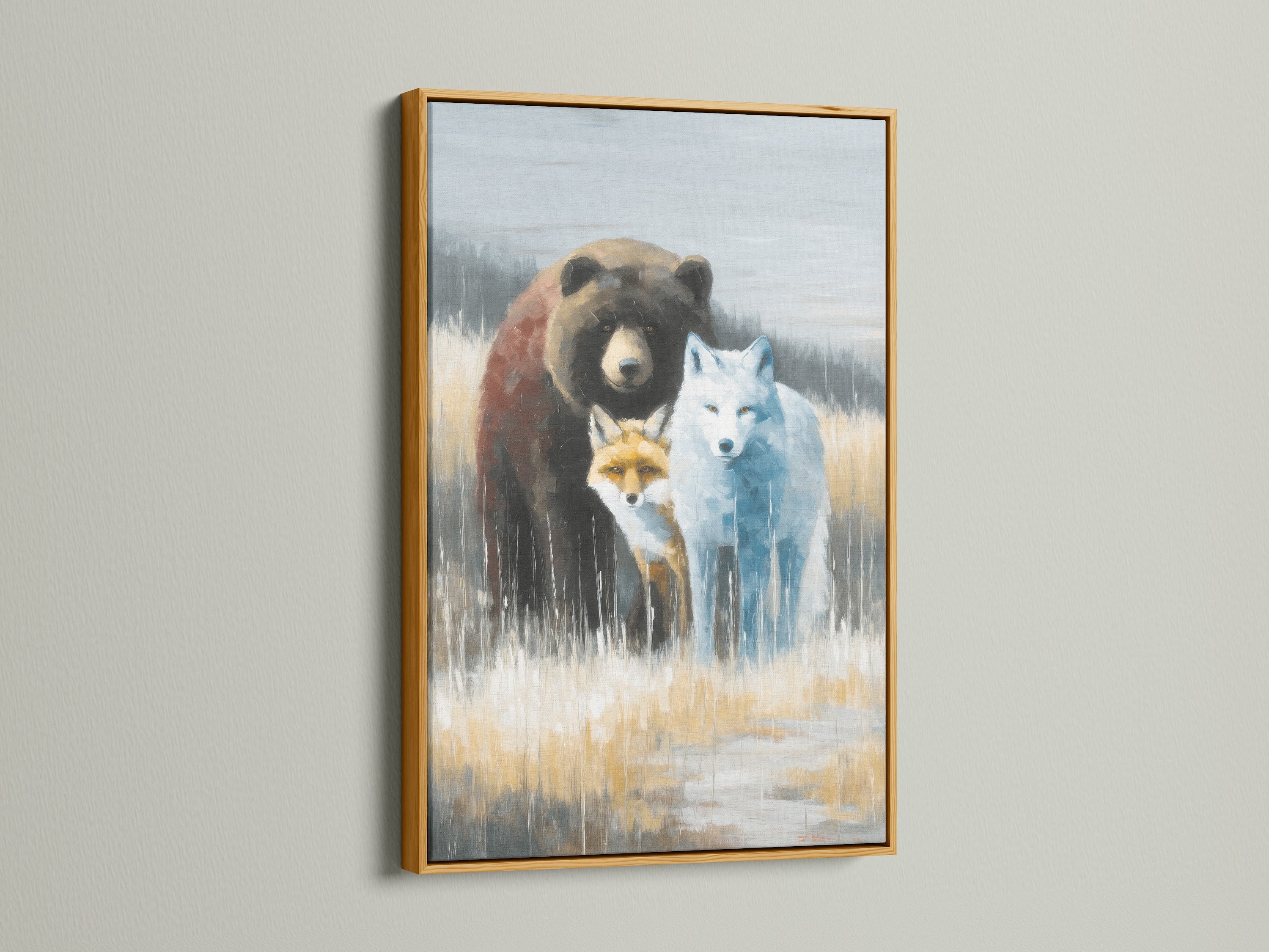 Wildlife Trio artwork in a gold frame. This animal canvas features a bear fox and wolf. Neutral tones enhance your cabin decor. Infuse rustic charm with unique animal-themed wall art. This is a perfect gift for animal lovers.