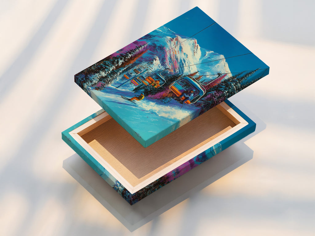 A stretched canvas print of Ski Resort Canvas Art. The artwork features a mountain chairlift. This winter sports poster is perfect for cabin decor. The alpine ski print is ready to hang. The stretched canvas provides a gallery-quality look. Add a touch of the mountains.