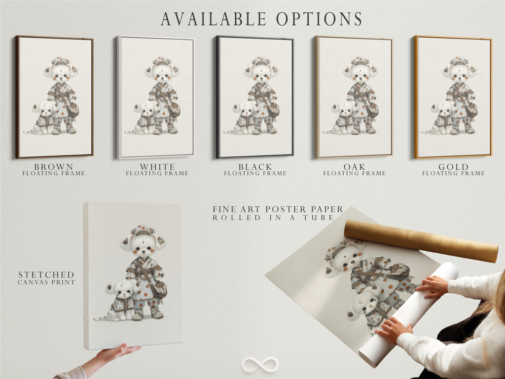 Available options for this artwork are displayed. Choose between a stretched canvas print fine art poster paper or a floating frame. The cute panda art print will elevate any nursery. Find the perfect match for your baby room decor. Customize your kawaii animal wall art today.
