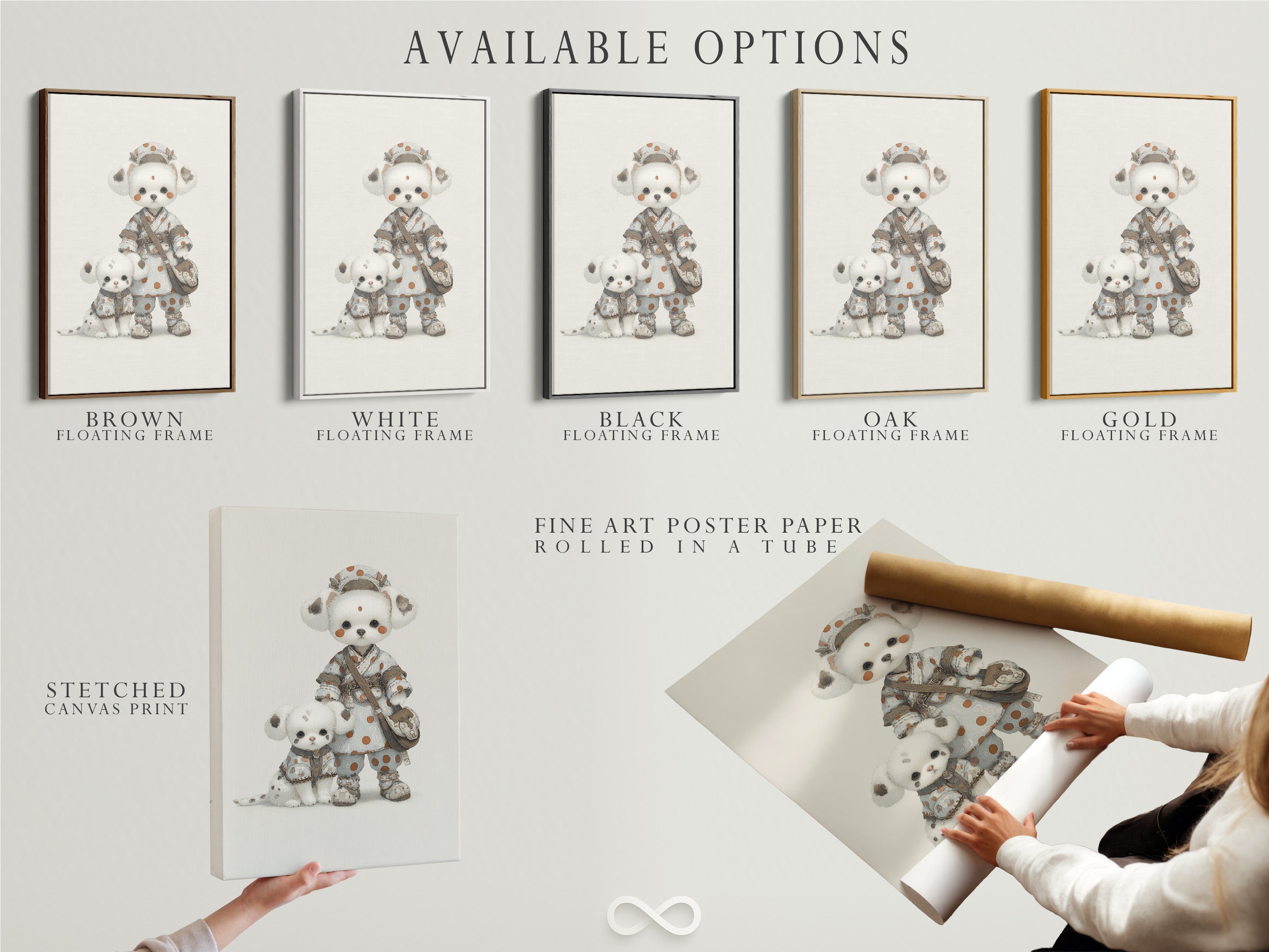 Available options for this artwork are displayed. Choose between a stretched canvas print fine art poster paper or a floating frame. The cute panda art print will elevate any nursery. Find the perfect match for your baby room decor. Customize your kawaii animal wall art today.