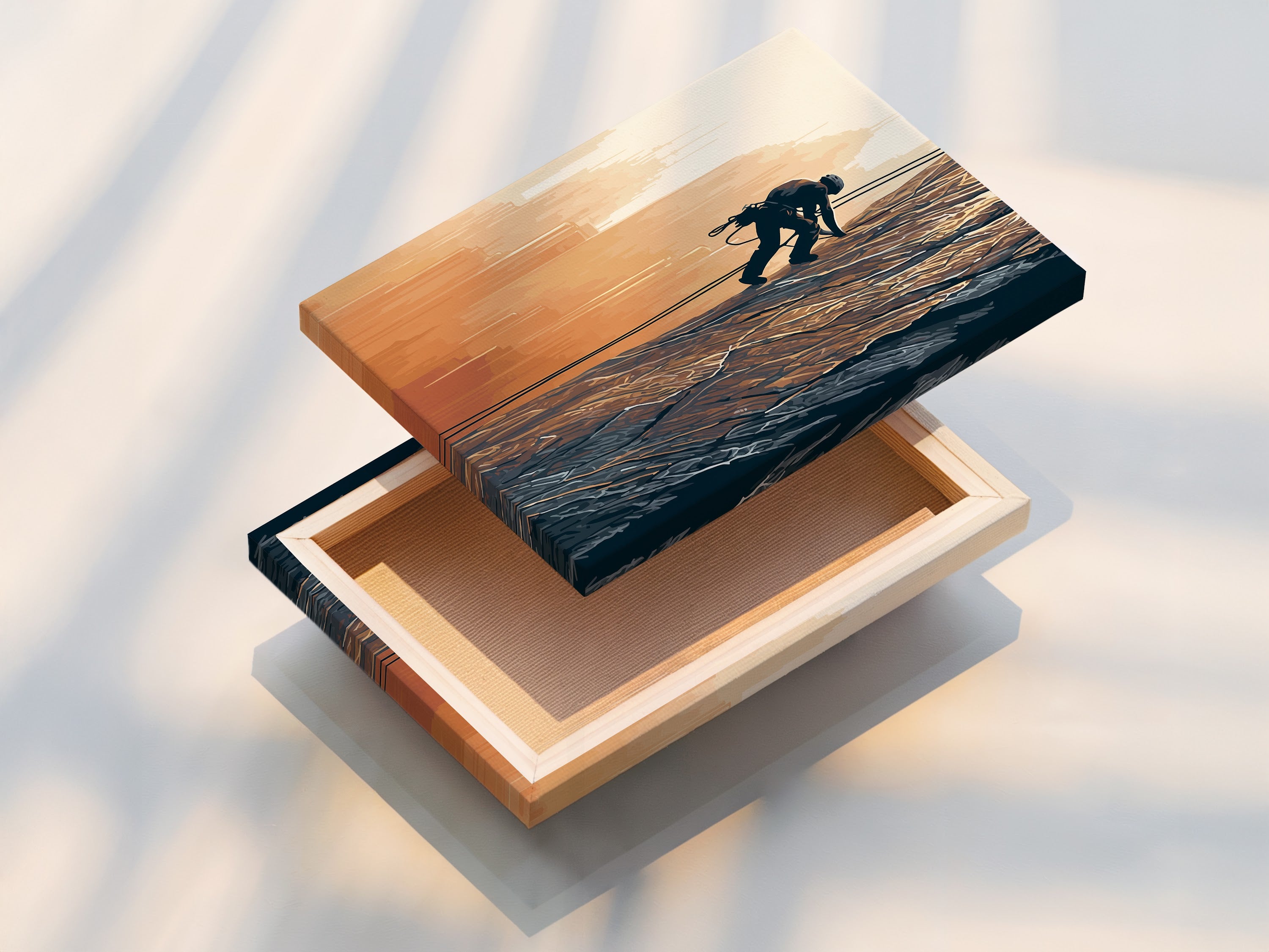 This is a stretched canvas print of rock climbing artwork. The canvas print is durable. It's ready to hang in any space. The mountain canvas adds adventure to your walls.