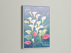 This Calla Lily floral canvas is displayed in a white frame. This botanical flower artwork enhances a bedroom. Modern spring home decor is a plus. Great for interior designers seeking botanical wall decor.