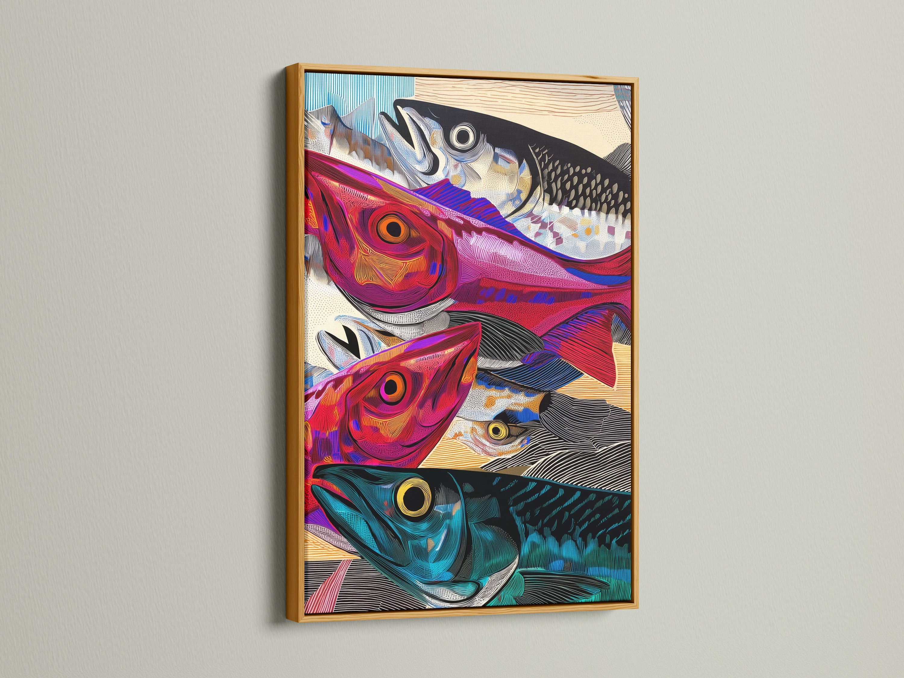 The gold frame accentuates the colorful fish art. Gold adds a touch of elegance to the marine life print. This aquatic art print enhances beachside cafés or seaside restaurants. This is perfect wall decor.