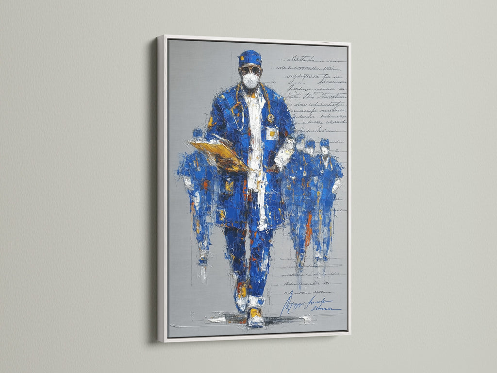 A clean white frame highlights a striking blue portrait art. This physician canvas print brings contemporary style. Perfect for healthcare art settings or as a thoughtful doctor gift. Elevate your medical decor today.