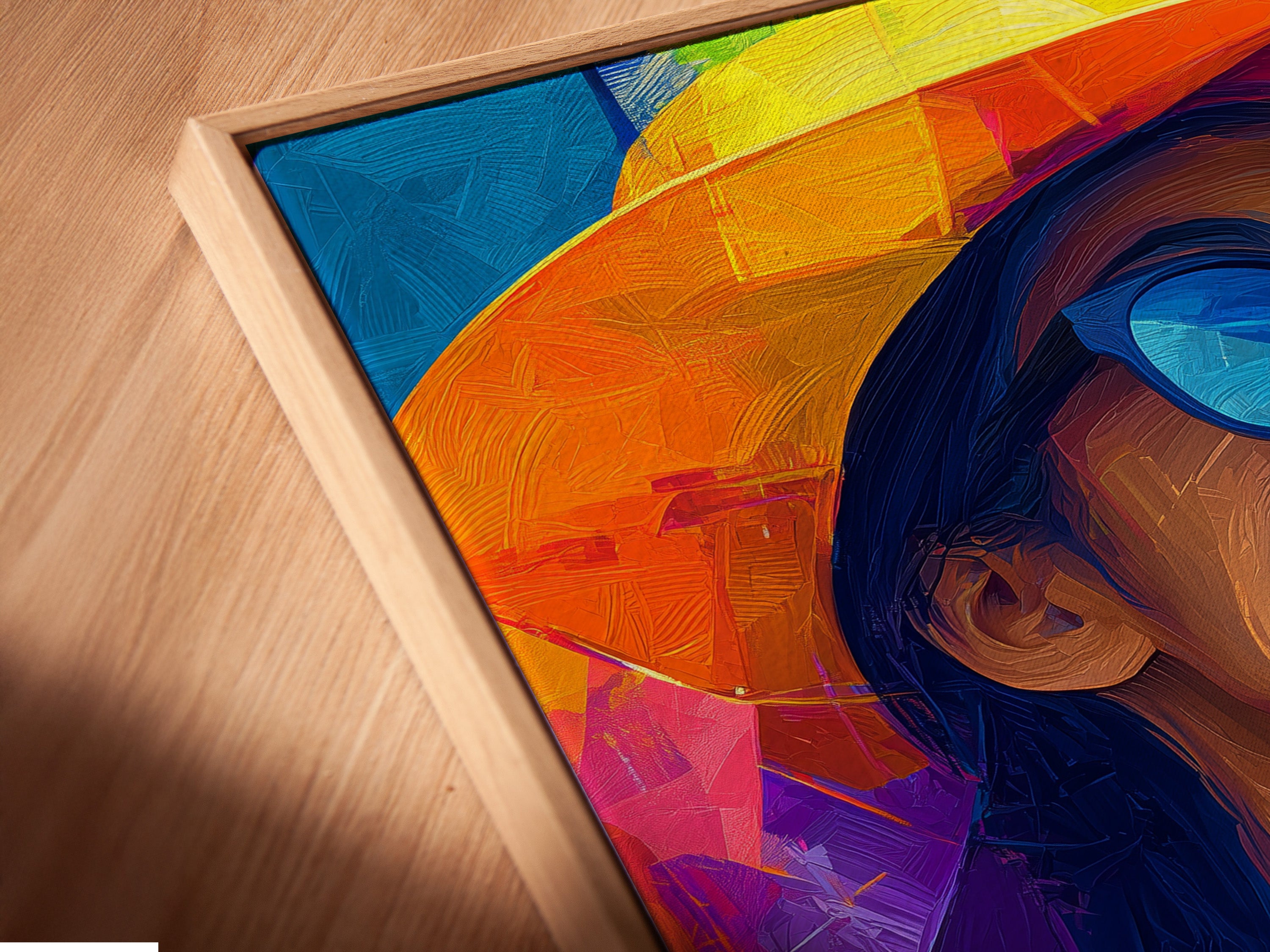 A close-up of a canvas print in a floating frame. The floating frame gives the illusion. The art seems to hover within the frame. This creates a modern and sophisticated look. The artwork features a woman with a hat and sunglasses. The frame enhances the art.