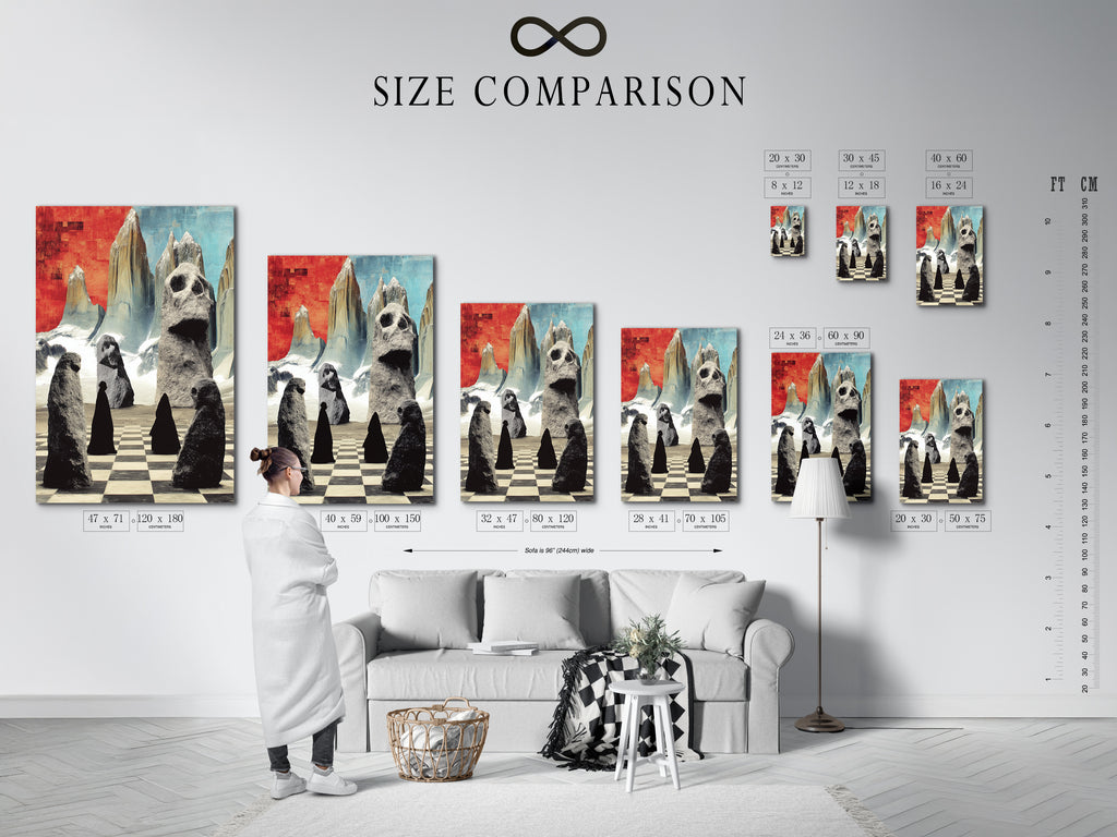 A size comparison chart is displayed in an interior setting. Visualize the ideal size for your surreal stone figures art. Choose from various options to fit your space. Transform your home with modern wall art.