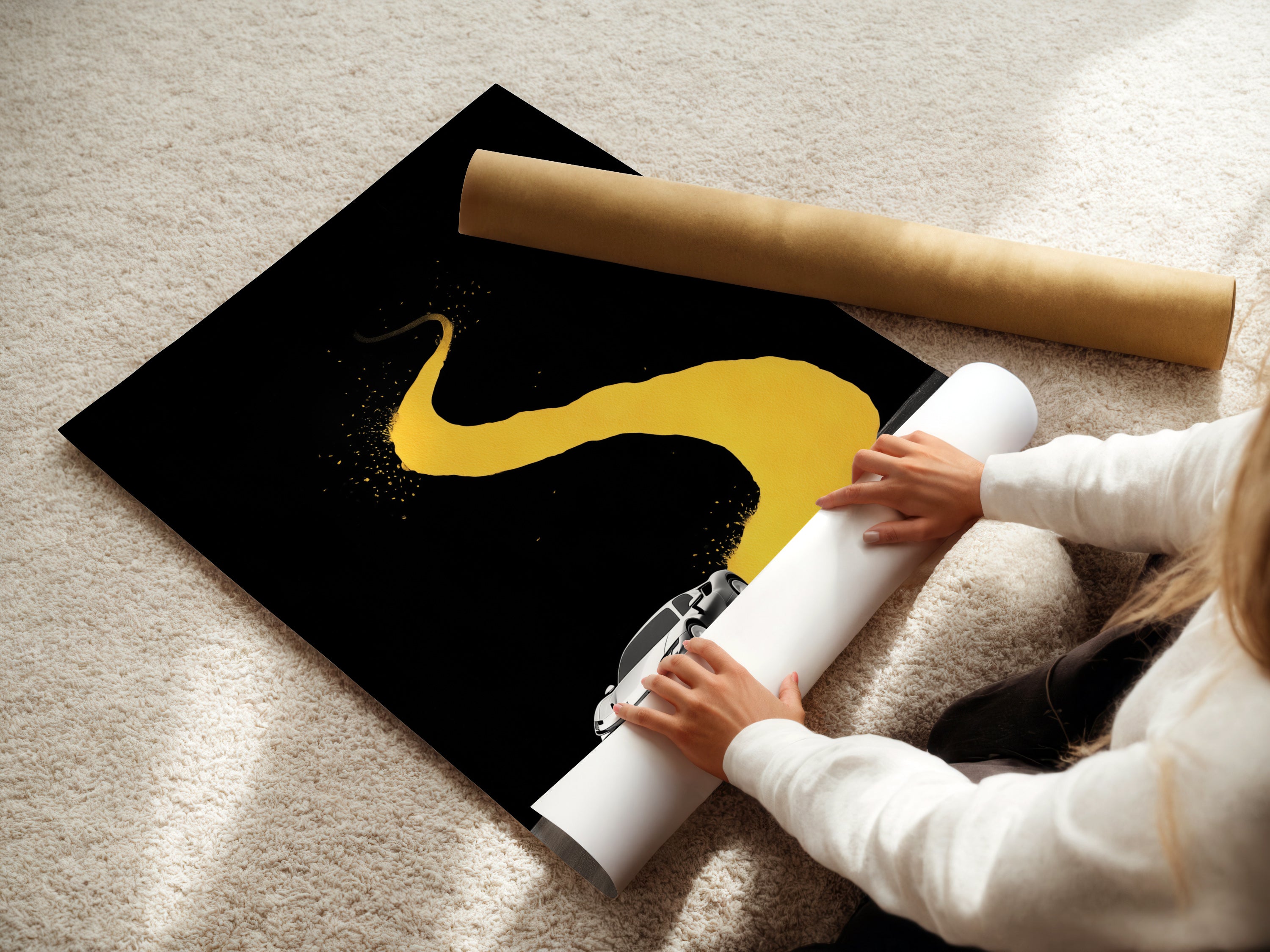 A woman carefully rolls fine art poster paper. The paper features sports car artwork with a yellow road. This high-quality automotive print is ready for framing. It's ideal for car enthusiasts and modern decor.