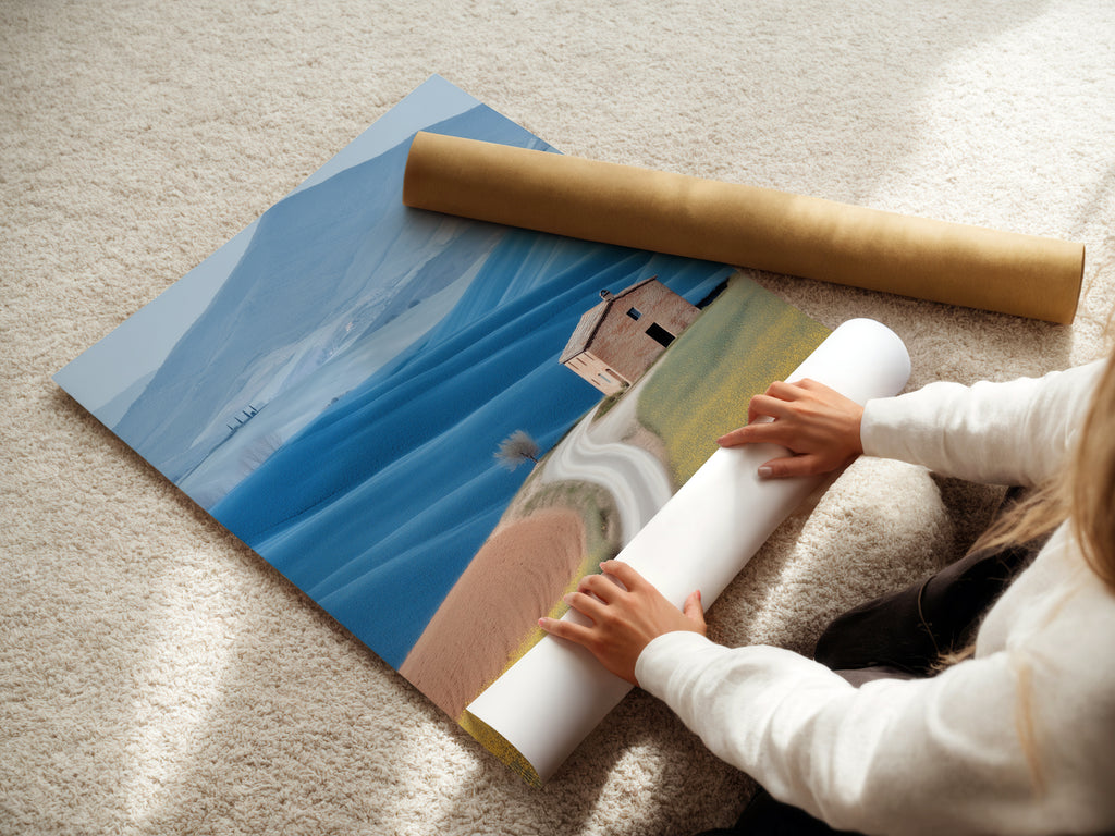 A woman rolling a fine art poster paper of a Tuscan Landscape. The poster paper showcases the rolling hills artwork. The fine art print captures the essence of the Italian countryside. Ideal for those seeking a flexible and affordable wall art solution. Perfect for farmhouse wall decor.