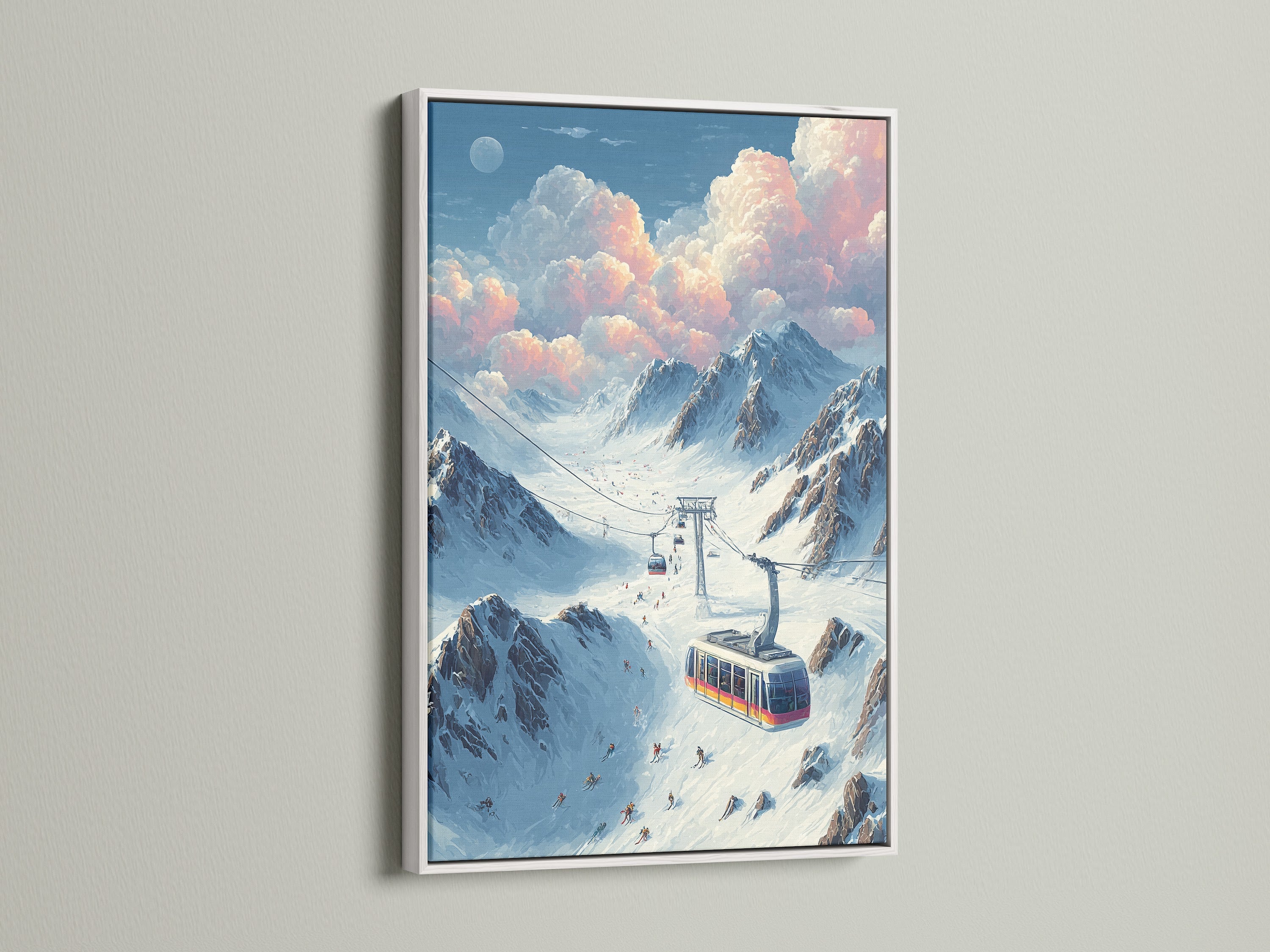 Vintage ski lift art print showcased in a white frame. The artwork features a retro winter scene with skiers on the slopes. Perfect for cabin wall decor or as a winter landscape canvas in a home office. The frame enhances the artwork's bright tones.
