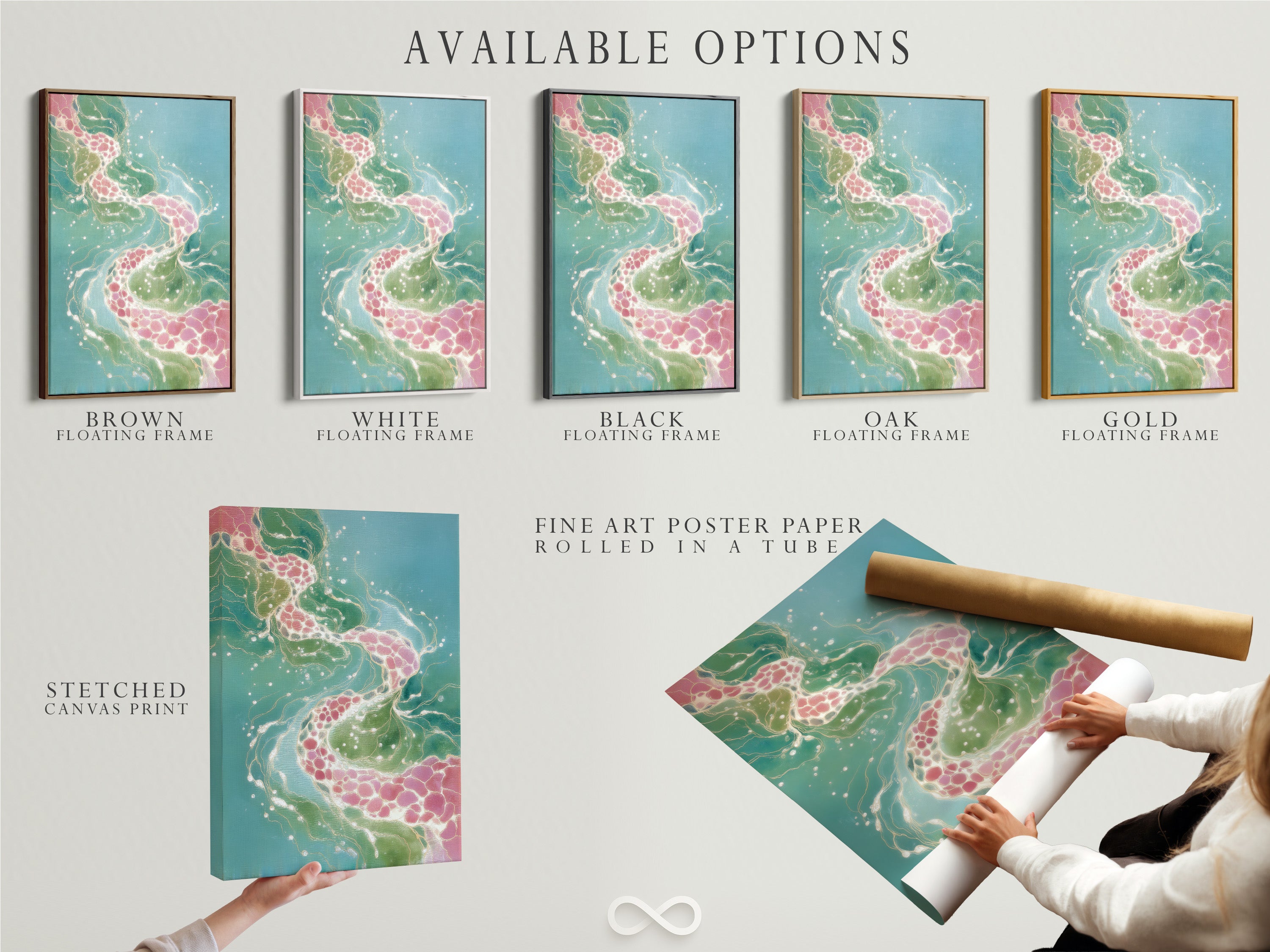 Available options for abstract fluid artwork. Choose from stretched canvas prints fine art poster paper or floating frames. Teal and pink modern art to suit your style. Enhance your home or office decor.