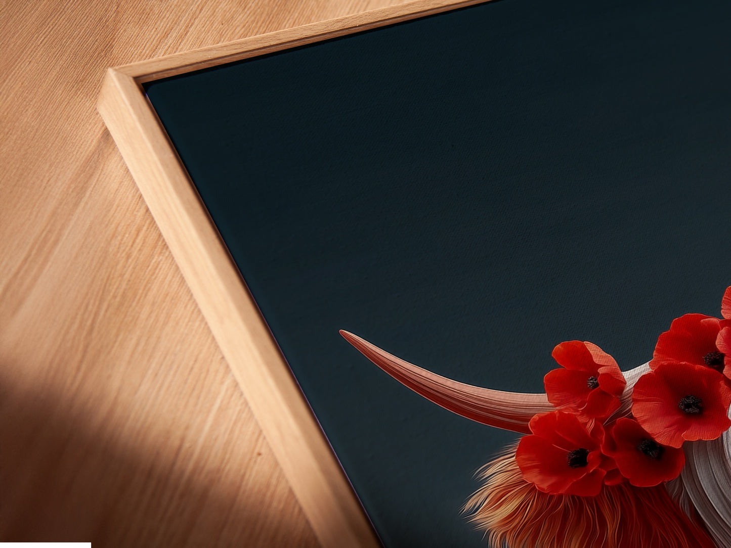 An angled close up reveals the texture of the canvas print. The floating frame adds depth to the Highland Cow artwork. It's an exquisite piece of farmhouse wall art. Perfect for adding character to your living space