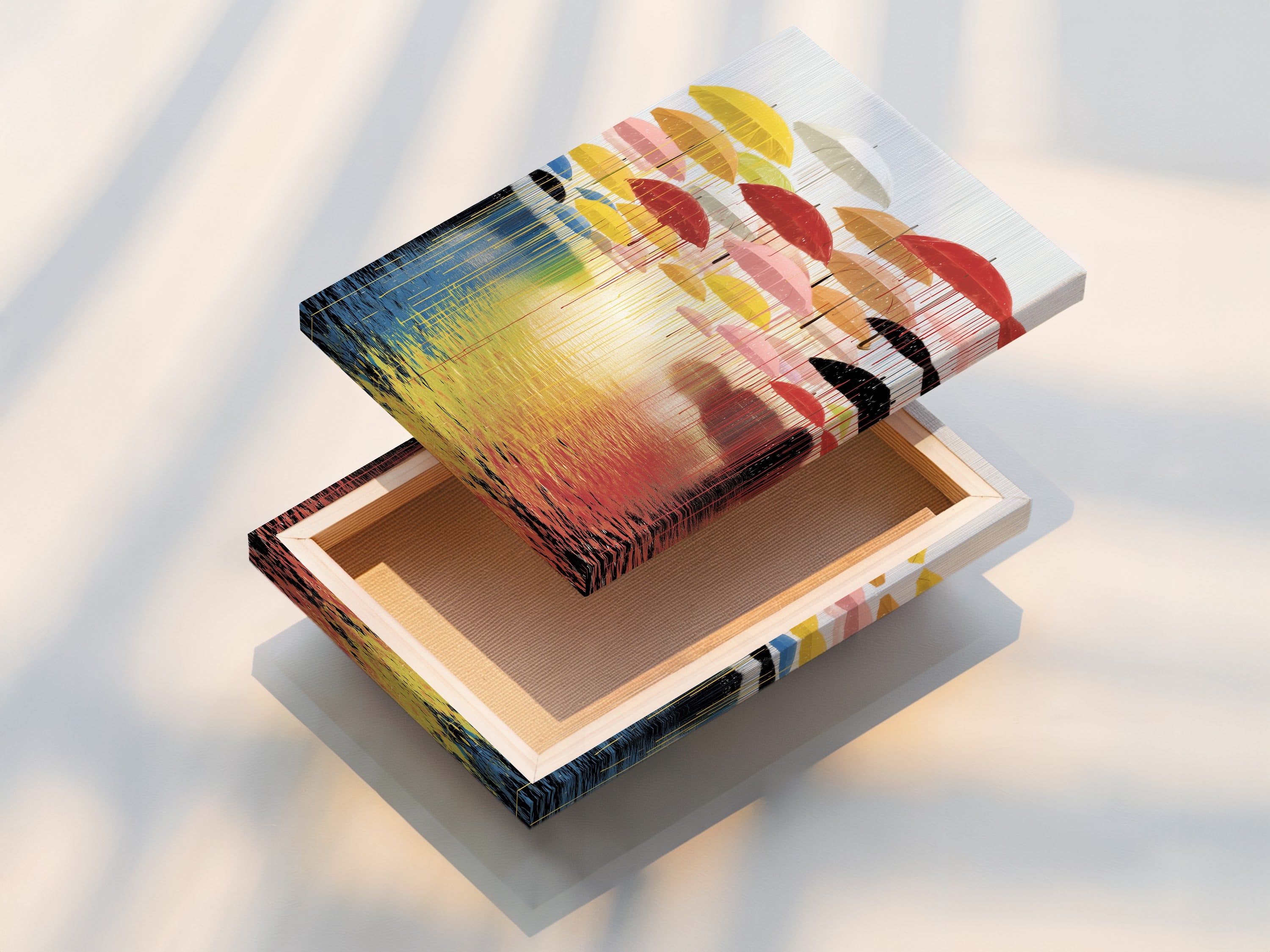 A stretched canvas print of the 'Umbrella' artwork is shown. This modern abstract piece is ready to hang. It features a colorful reflection wall art. The stretched canvas provides a gallery-quality look. It is perfect for adding a contemporary touch to your living room bedroom or office decor.