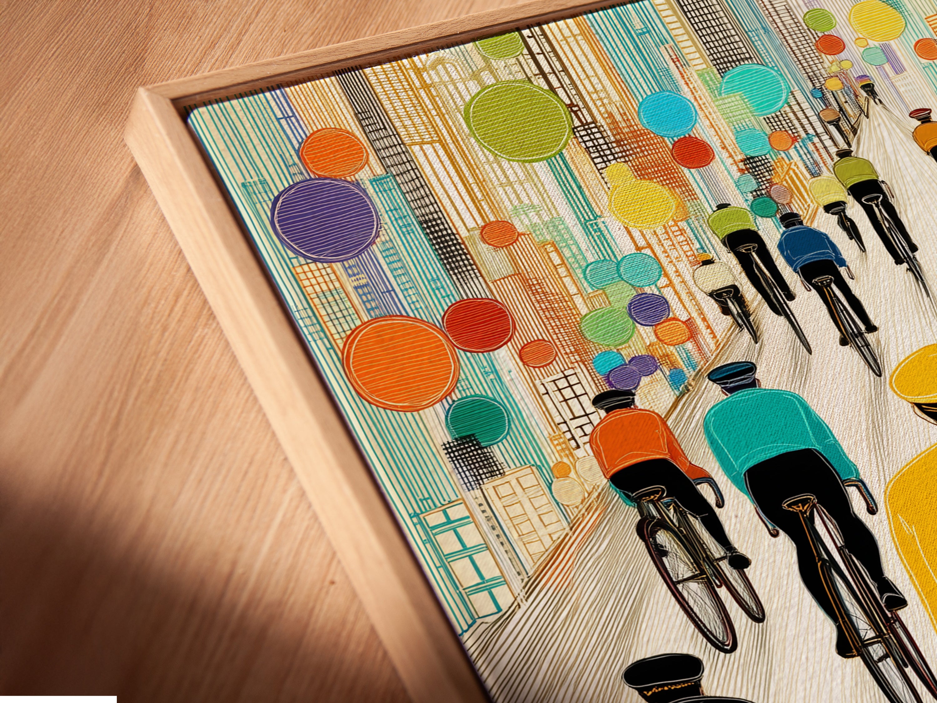 Angled close up of a Bicycle Race canvas print. The artwork is displayed in a floating frame. The print highlights the cyclist and cityscape details. Add a touch of modern style to your decor.