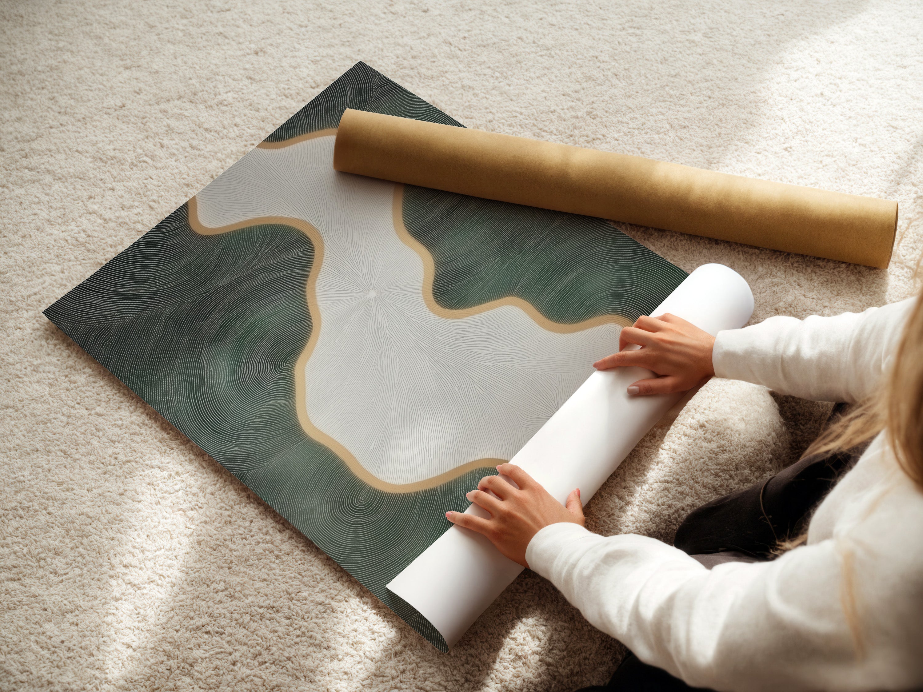 A woman rolls fine art poster paper. Preparing the abstract river art for printing. The sage green and gold artwork will soon become a stunning poster. This method ensures high-quality prints for bedroom decor. The prints will complement minimalist contemporary or Scandinavian styles. Perfect for homeowners renters and interior stylists.