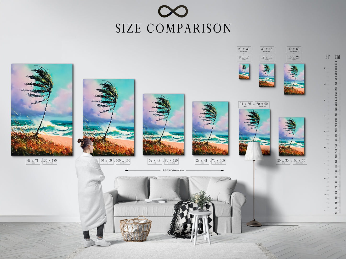 A size comparison chart displayed in an interior setting. The chart shows various sizes of coastal beach artwork. The artwork includes a palm tree and a turquoise seascape. Find the perfect size for your home decor needs.