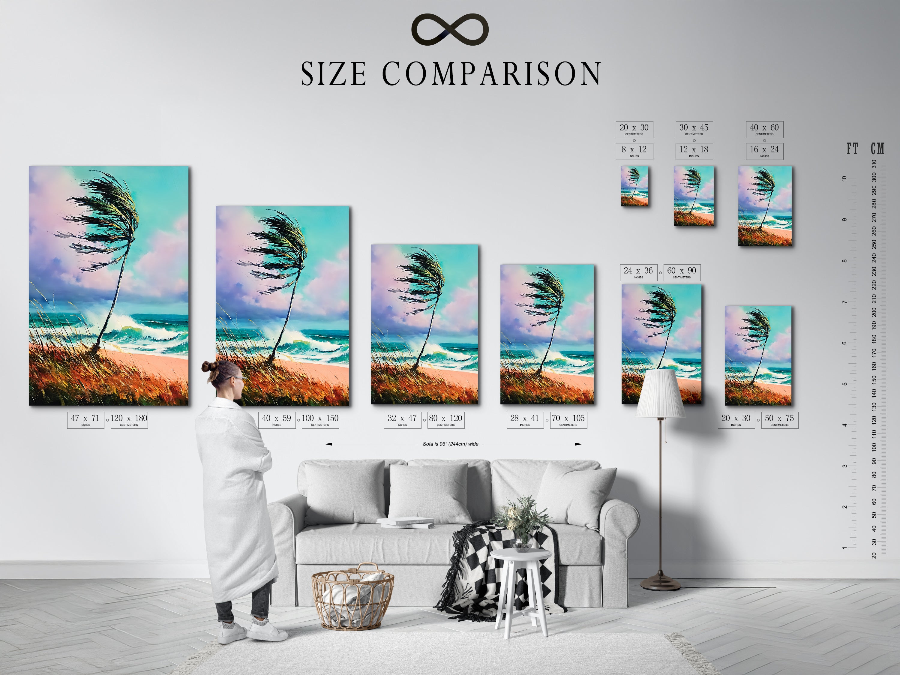 A size comparison chart displayed in an interior setting. The chart shows various sizes of coastal beach artwork. The artwork includes a palm tree and a turquoise seascape. Find the perfect size for your home decor needs.