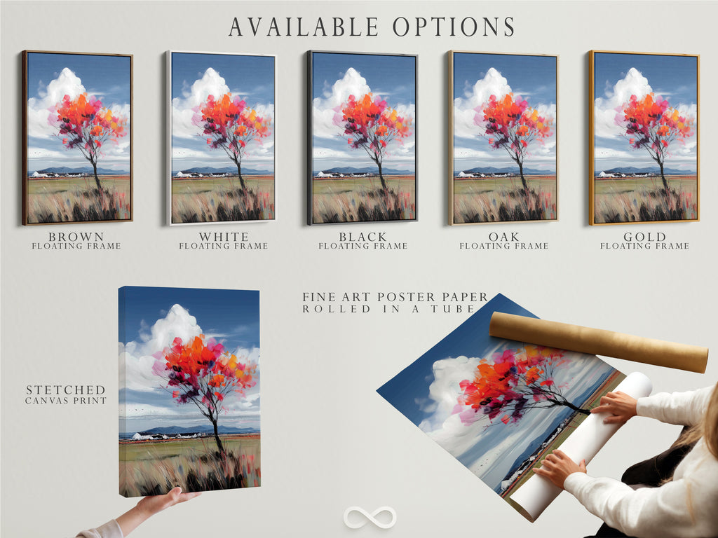 Available options include a stretched canvas print fine art poster paper and floating frame. Select the perfect format for your autumn tree artwork. The colorful fall foliage print looks stunning in any style. Enhance your living room or office with vibrant landscape art. Customize your space.