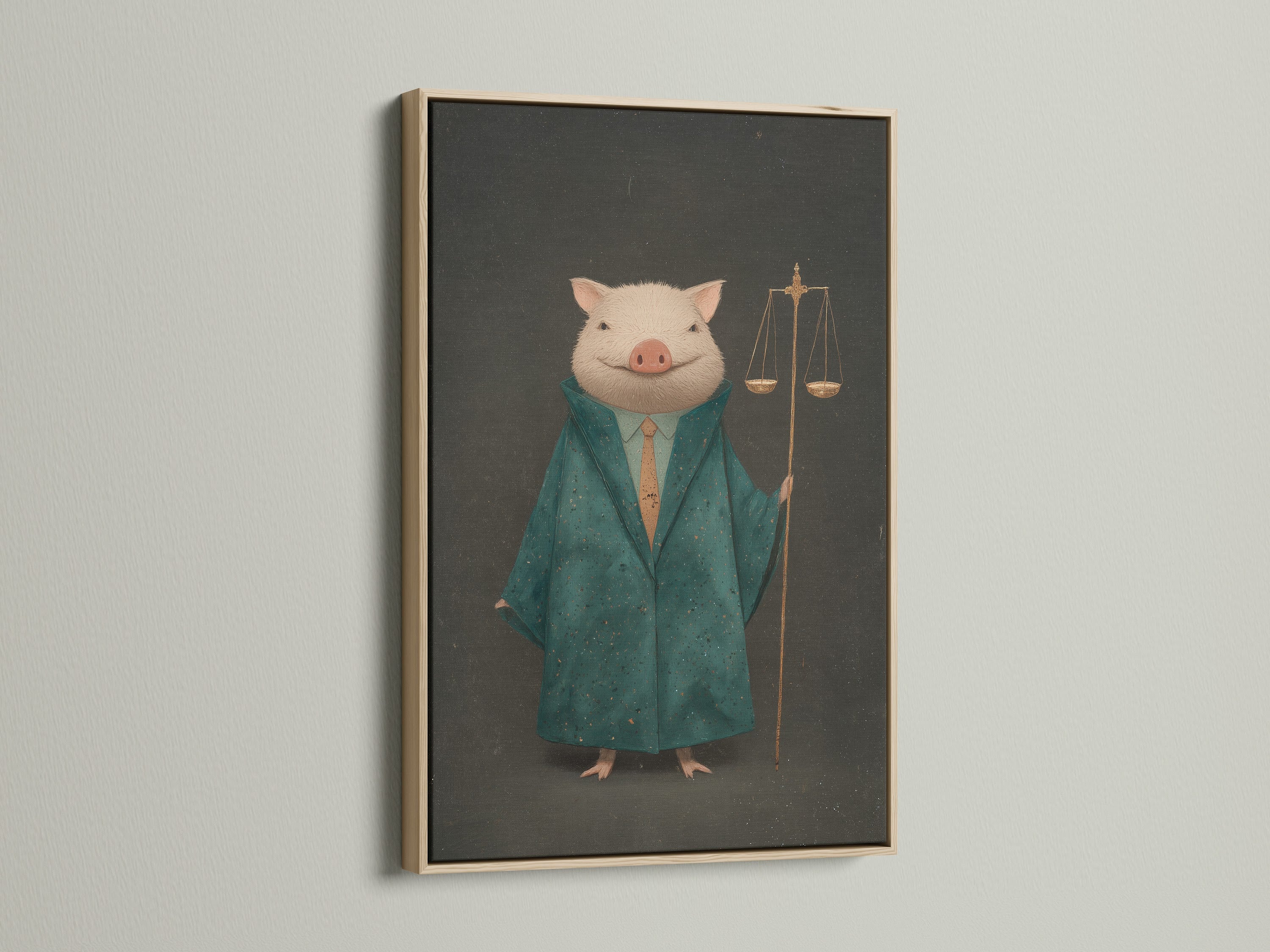The Lawyer Pig artwork is showcased in an oak frame. Perfect for legal office art or as an attorney gift. The justice scales animal canvas adds sophistication to any law firm decor. Its Victorian style and humorous touch make it unique. A blend of green and gold.