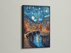 Artwork with a black frame hanging on a white wall. The art piece is a night scene with the Eiffel Tower in Paris. The artwork is reflecting on the water. The black frame gives a sleek and sophisticated look. Buy this artwork now.