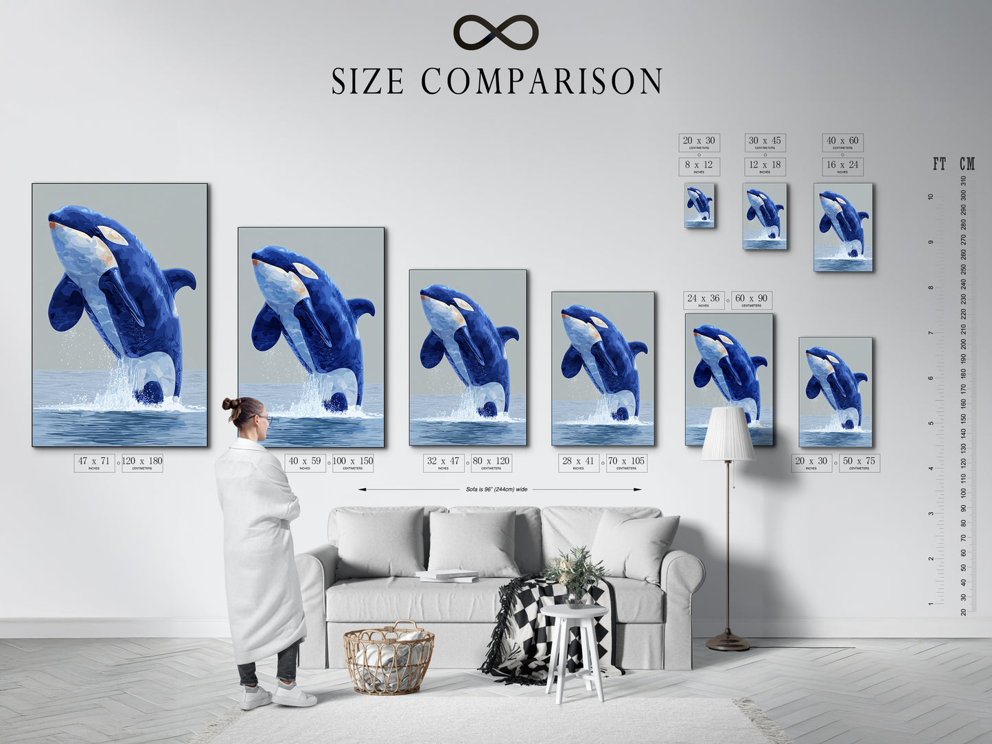 Visualize the perfect fit with our size comparison chart. See how our Orca Whale artwork transforms any interior. This chart helps you choose the ideal size for your space. Whether it's a living room bedroom or office. Discover the impact of our marine animal prints. Shop now and elevate your coastal wall decor with confidence.