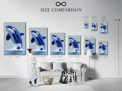 Visualize the perfect fit with our size comparison chart. See how our Orca Whale artwork transforms any interior. This chart helps you choose the ideal size for your space. Whether it's a living room bedroom or office. Discover the impact of our marine animal prints. Shop now and elevate your coastal wall decor with confidence.