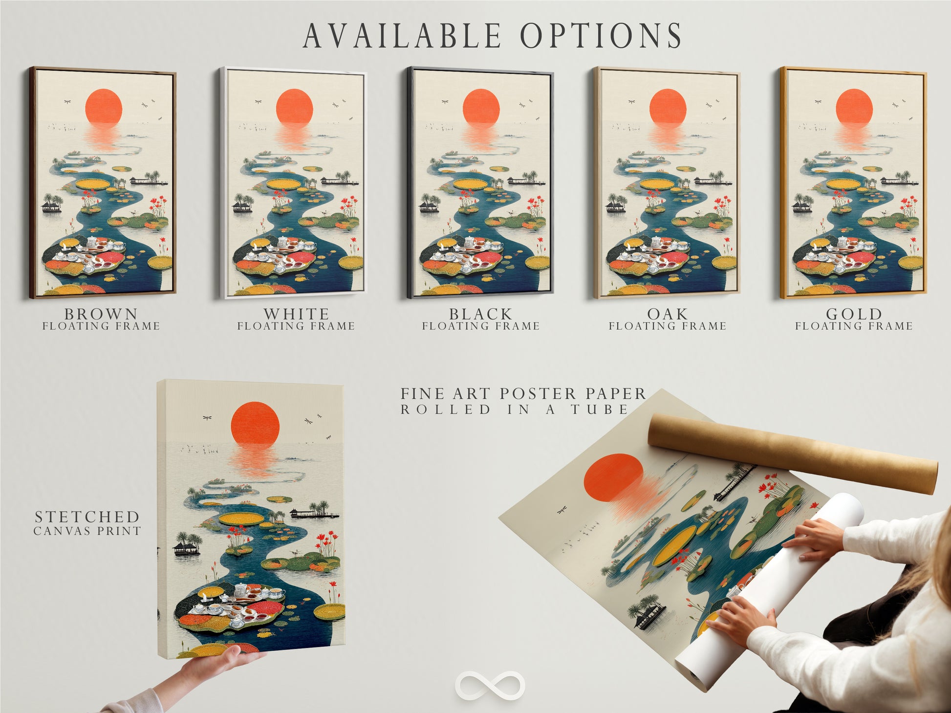 Available options for the Asian Tea Ceremony artwork. Choose from a stretched canvas print a fine art poster paper or a floating frame. This oriental wall art features a serene lotus pond. Perfect for creating a tranquil atmosphere in any space. Select the best option to suit your style and needs.