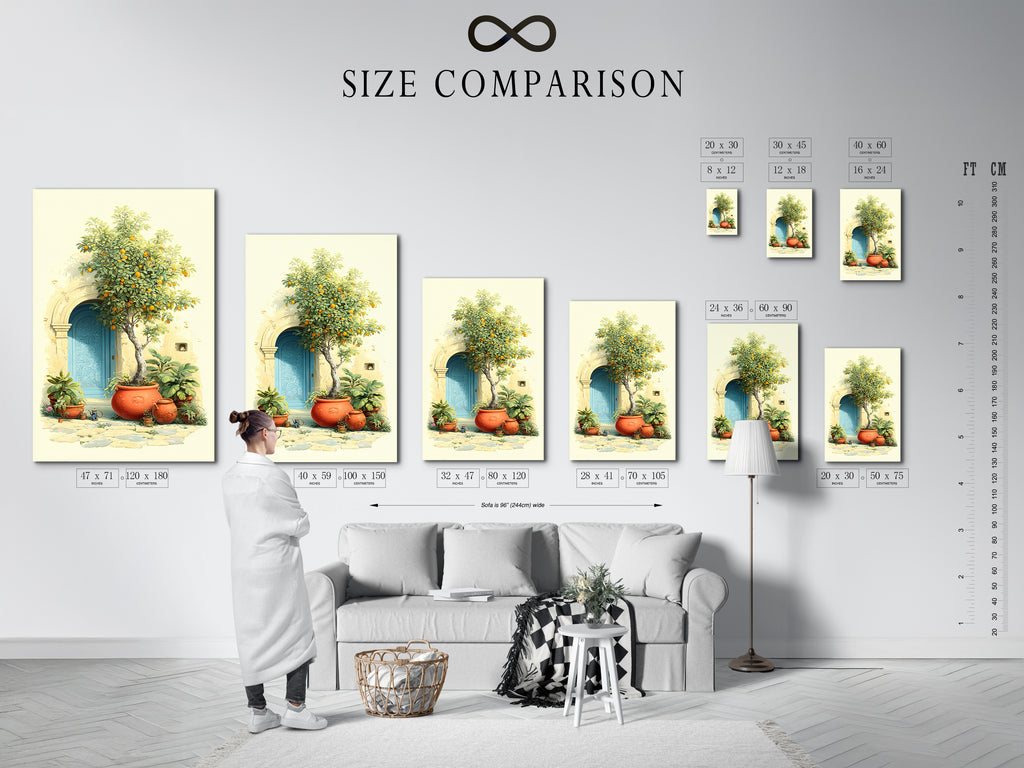 A size comparison chart displayed in an interior setting. Various sizes of Italian Lemon Tree artwork are shown. It helps visualize how each piece fits in your space. Choose from fine art poster paper or stretched canvas prints for your Mediterranean decor.