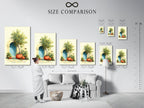 A size comparison chart displayed in an interior setting. Various sizes of Italian Lemon Tree artwork are shown. It helps visualize how each piece fits in your space. Choose from fine art poster paper or stretched canvas prints for your Mediterranean decor.