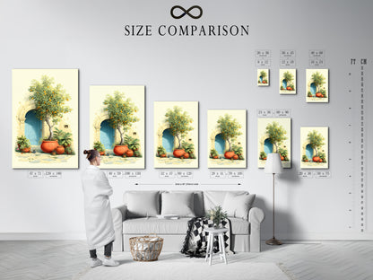A size comparison chart displayed in an interior setting. Various sizes of Italian Lemon Tree artwork are shown. It helps visualize how each piece fits in your space. Choose from fine art poster paper or stretched canvas prints for your Mediterranean decor.