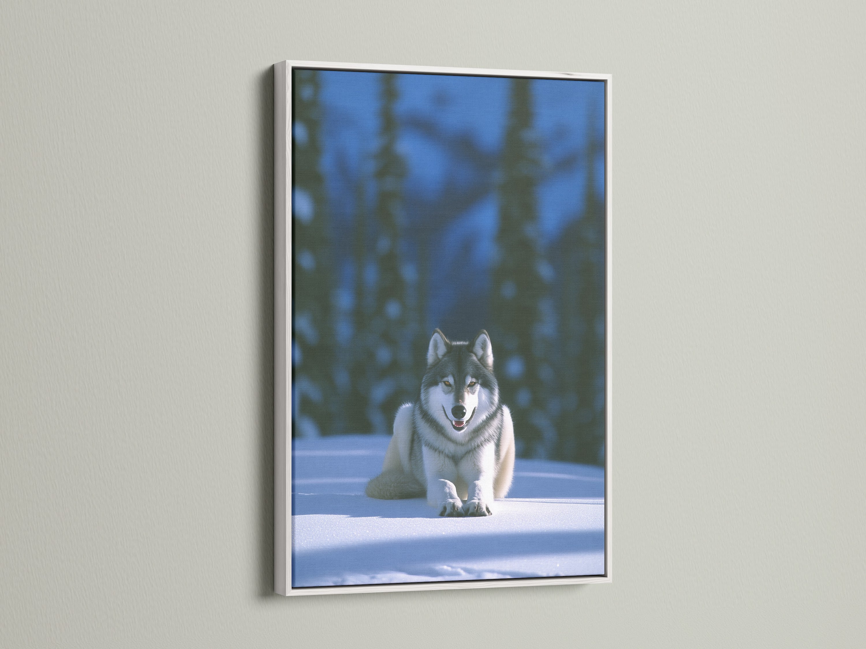 A white frame enhances this wolf canvas print. This arctic animal artwork is ideal for adding a touch of winter to your cabin decor. It is a great nature lover gift. The forest wall art brings the serenity of a snow scene into your home or office space.