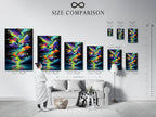 A size comparison chart is displayed in an interior setting. See how the colorful cloudscape artwork fits in your space. Choose the perfect size for your psychedelic print. Find abstract art for any room.