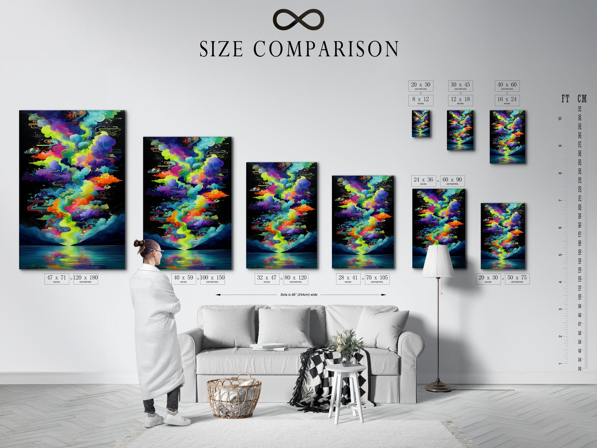 A size comparison chart is displayed in an interior setting. See how the colorful cloudscape artwork fits in your space. Choose the perfect size for your psychedelic print. Find abstract art for any room.