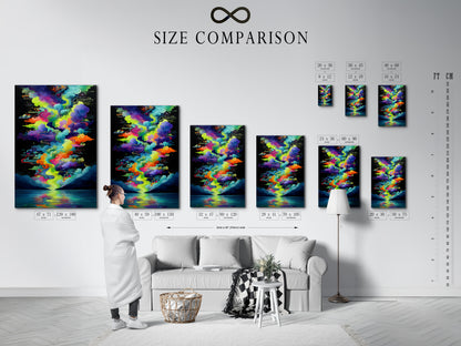 A size comparison chart is displayed in an interior setting. See how the colorful cloudscape artwork fits in your space. Choose the perfect size for your psychedelic print. Find abstract art for any room.