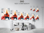 A size comparison chart displayed in an interior setting. Visualize how different sizes of the Eiffel Tower canvas art will look in your space. This chart helps to determine the best fit for your room.