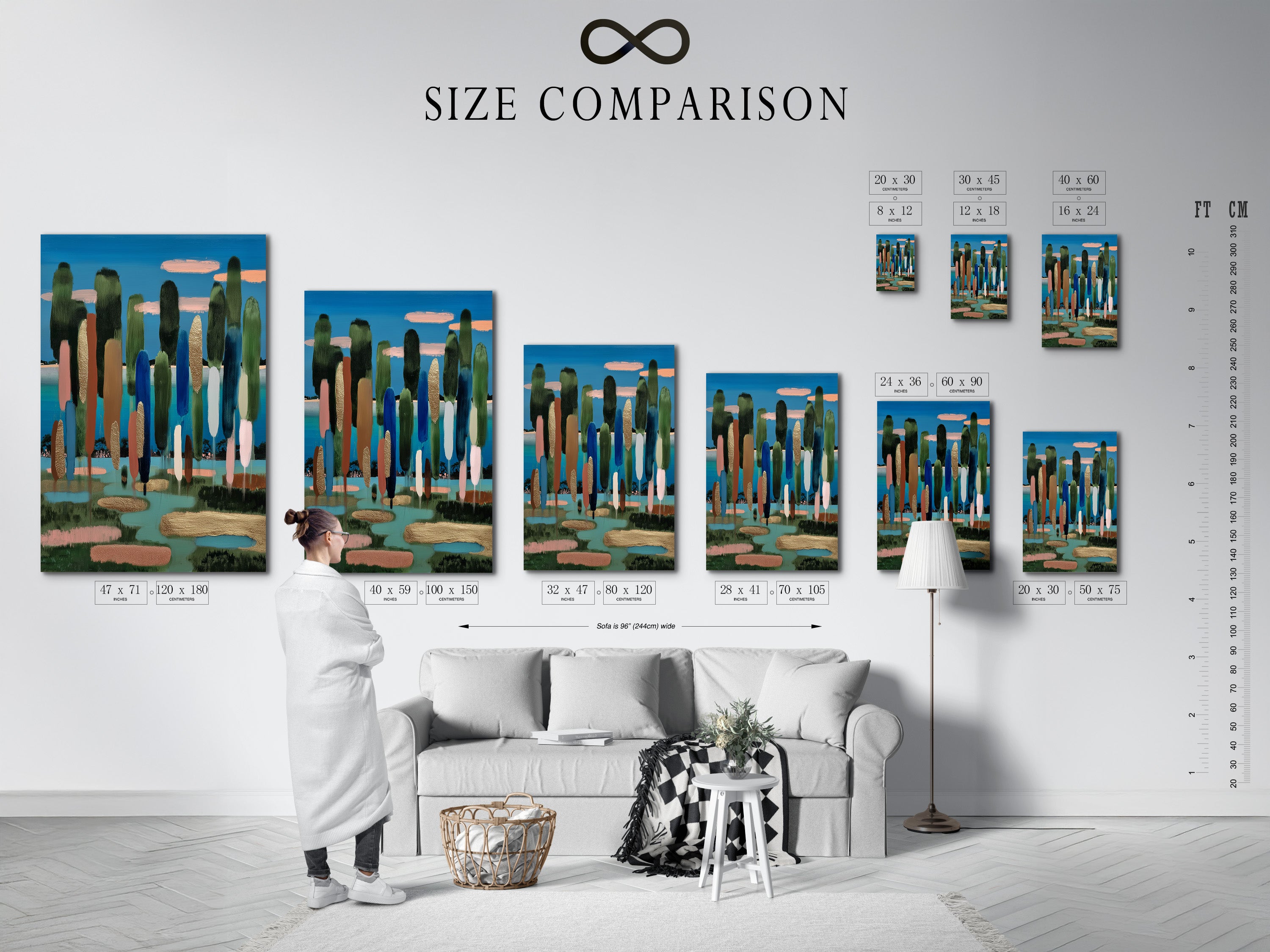 A size comparison chart is shown in an interior setting. The chart helps visualize different print sizes. This allows you to choose the perfect size. The interior provides context for scale. The size comparison chart features various artwork styles.