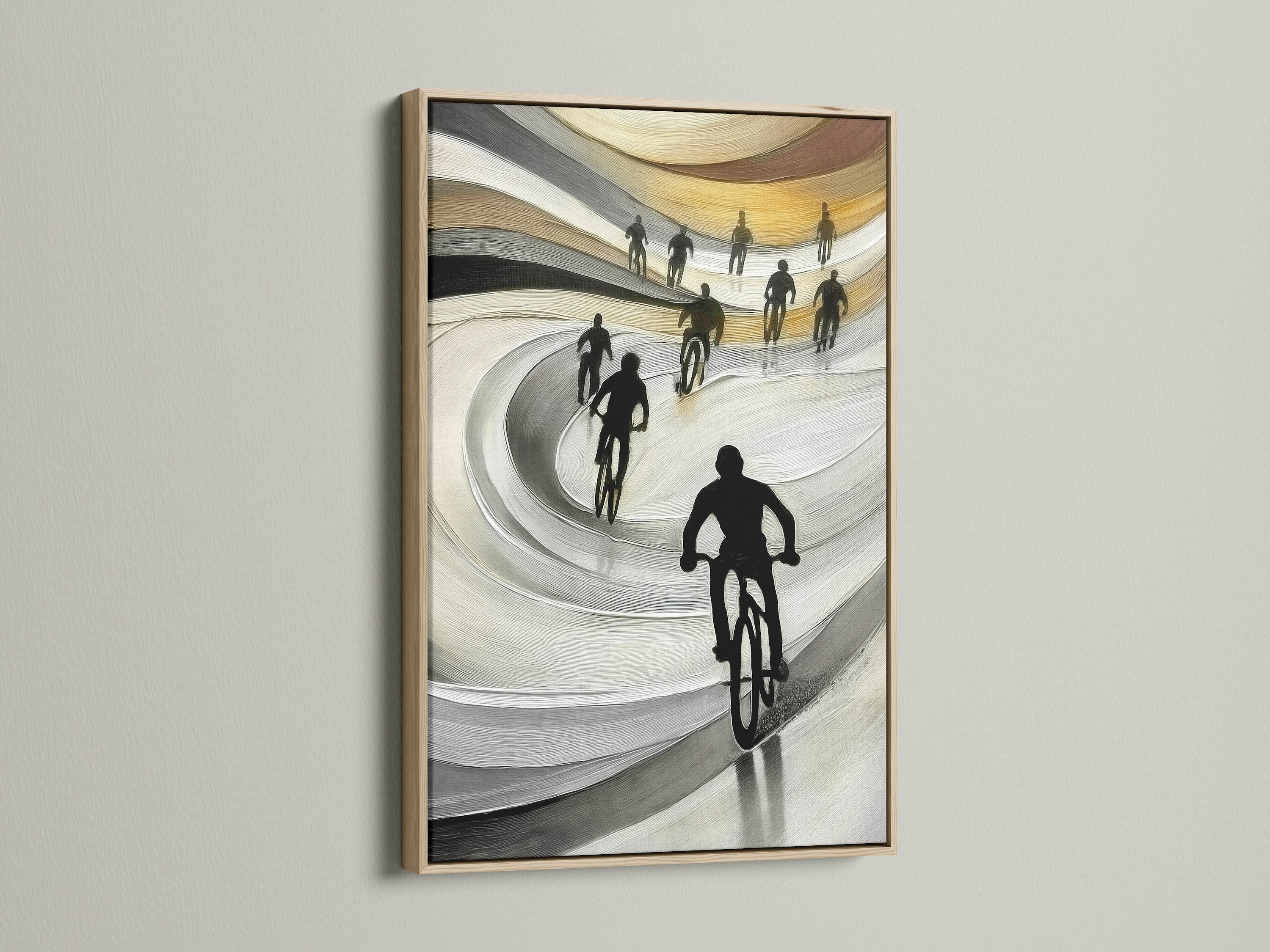 This is the Cyclists Canvas Print with an oak frame. A natural wood finish complements the monochrome cycling artwork. Ideal wall decor for living rooms or sports bars. Enhance your interior with this biking canvas.