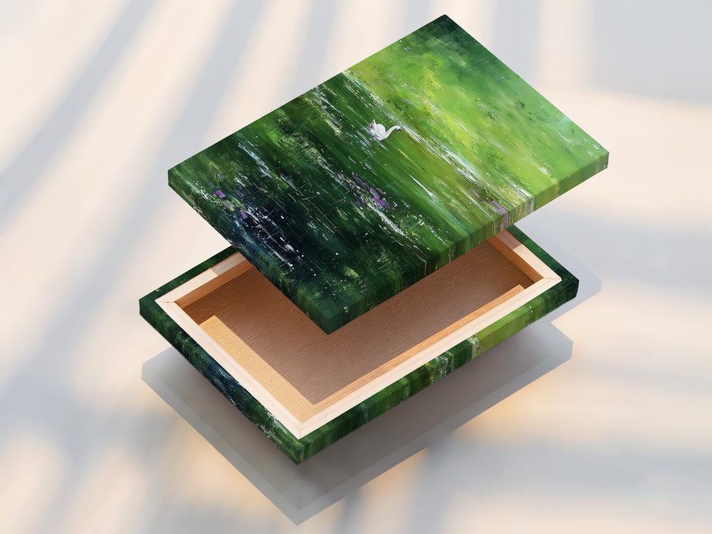 A stretched canvas print of the swan artwork is displayed. The canvas print wraps around a wooden frame. This provides a professional and gallery-ready appearance. The stretched canvas adds texture. It enhances the visual impact of the artwork.